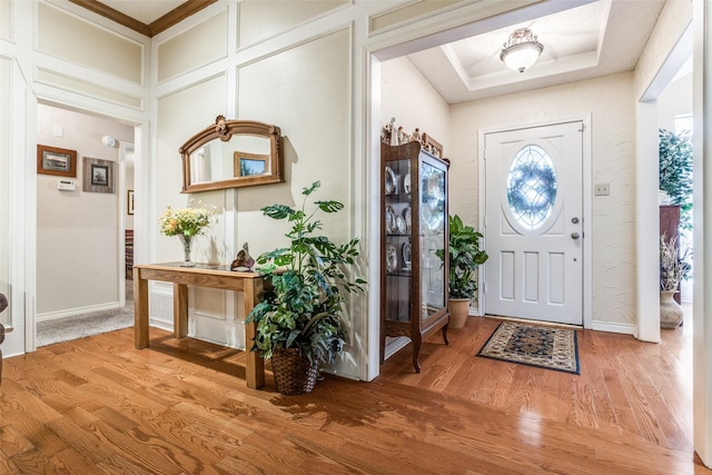 foyer entrance featuring a raised ceiling, baseboards, and wood finished floors