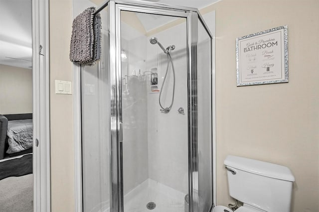 full bathroom featuring toilet and a shower stall