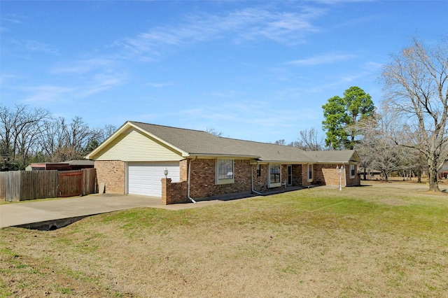 ranch-style house featuring driveway, a garage, fence, a front lawn, and brick siding