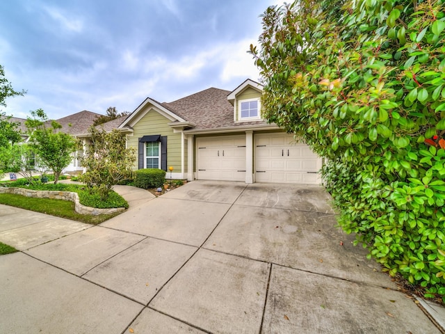 view of front of property featuring concrete driveway and roof with shingles