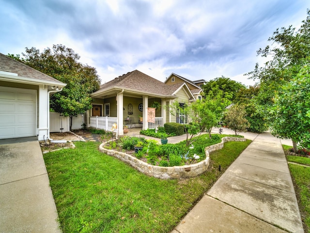 view of front of house featuring a garage, a shingled roof, fence, a porch, and a front yard