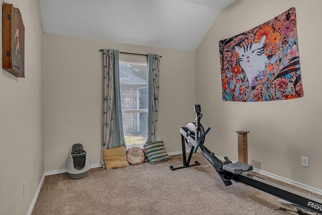 workout room with a healthy amount of sunlight, carpet flooring, vaulted ceiling, and baseboards