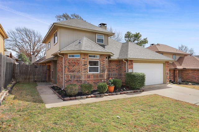 traditional home featuring brick siding, an attached garage, fence, driveway, and a front lawn