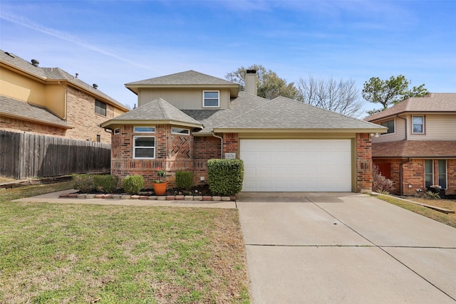 view of front of house with brick siding, a chimney, concrete driveway, a front yard, and fence