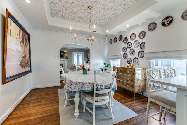 dining space featuring a raised ceiling, a fireplace, and wood finished floors