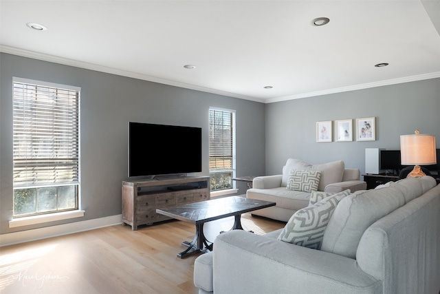 living room with baseboards, light wood-type flooring, and crown molding