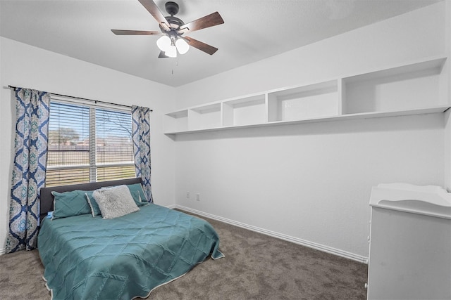 bedroom featuring carpet, a ceiling fan, and baseboards