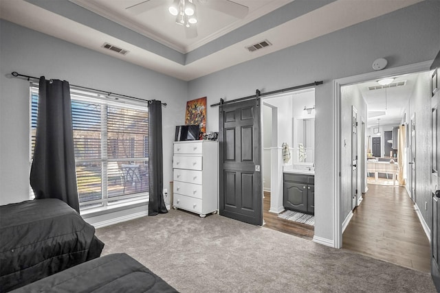 bedroom featuring carpet floors, a barn door, visible vents, and a raised ceiling