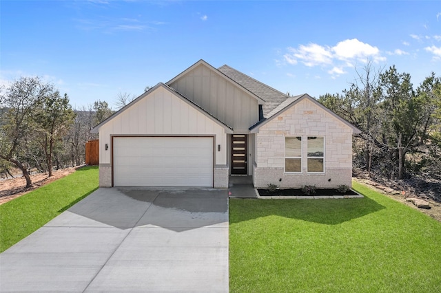 view of front of house with roof with shingles, concrete driveway, board and batten siding, a garage, and a front lawn