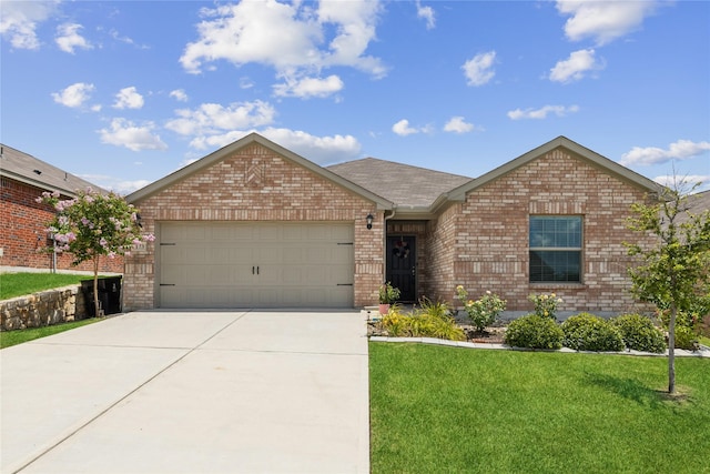 ranch-style house with brick siding, roof with shingles, an attached garage, a front yard, and driveway