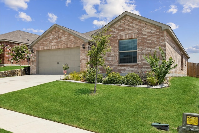 ranch-style house featuring driveway, a garage, a front lawn, and brick siding