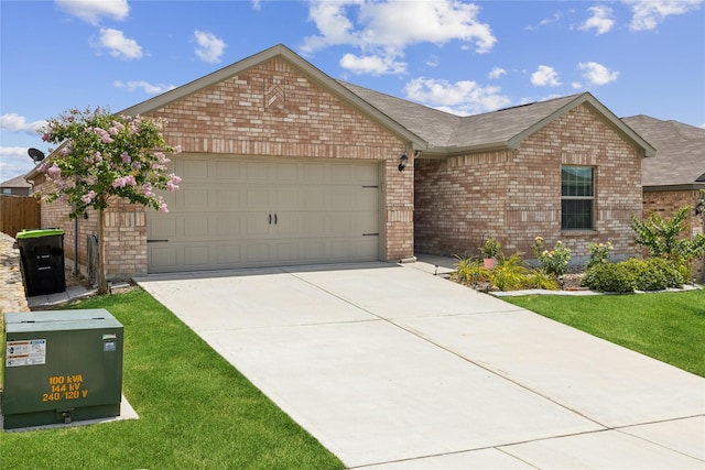 ranch-style home featuring an attached garage, brick siding, concrete driveway, roof with shingles, and a front lawn