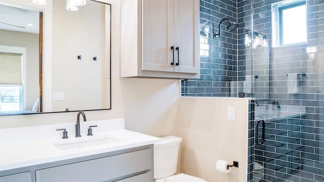 bathroom with a healthy amount of sunlight, a shower stall, toilet, and vanity