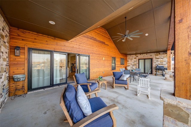 view of patio with outdoor dining area, grilling area, and a ceiling fan