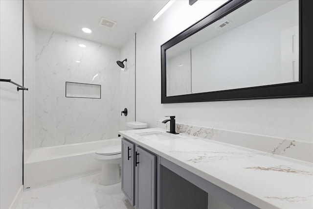 full bath with toilet, marble finish floor, visible vents, and vanity