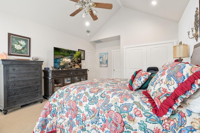 carpeted bedroom with visible vents, ceiling fan, high vaulted ceiling, a closet, and recessed lighting