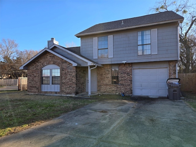 view of front of home featuring brick siding, a chimney, concrete driveway, an attached garage, and fence