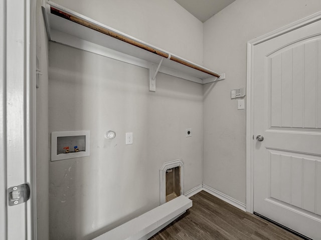 laundry room with laundry area, baseboards, dark wood-type flooring, hookup for an electric dryer, and washer hookup