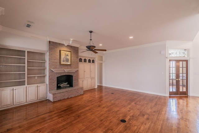 128 Oakview Dr, Hudson Oaks, TX 76087 - unfurnished living room featuring a ceiling fan, ornamental molding, a fireplace, wood finished floors, and baseboards