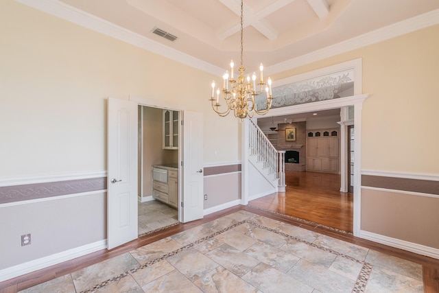 128 Oakview Dr, Hudson Oaks, TX 76087 - unfurnished dining area featuring coffered ceiling, a chandelier, wood finished floors, crown molding, and beam ceiling