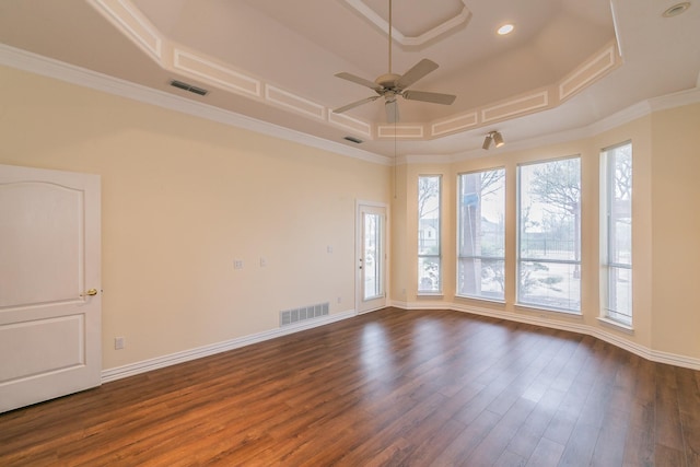 128 Oakview Dr, Hudson Oaks, TX 76087 - empty room featuring ceiling fan, dark wood finished floors, baseboards, ornamental molding, and recessed lighting
