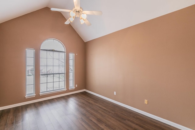 128 Oakview Dr, Hudson Oaks, TX 76087 - unfurnished room featuring ceiling fan, lofted ceiling, baseboards, and dark wood-style flooring