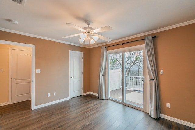 128 Oakview Dr, Hudson Oaks, TX 76087 - empty room featuring dark wood finished floors, a smoke detector, baseboards, ceiling fan, and crown molding