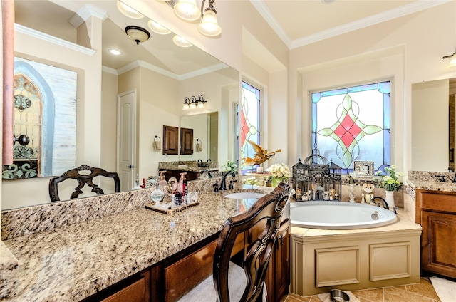 full bath with a bath, tile patterned flooring, crown molding, and vanity