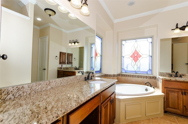 full bathroom with a garden tub, ornamental molding, two vanities, and a sink