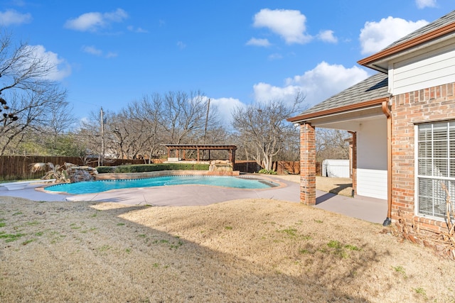 view of pool featuring a fenced backyard, a pergola, a fenced in pool, and a patio