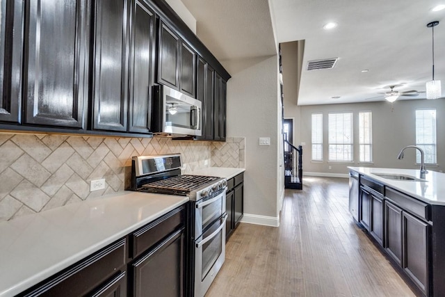 kitchen with visible vents, a sink, stainless steel appliances, light wood-type flooring, and backsplash