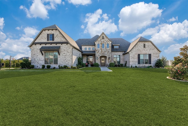 french country style house featuring brick siding and a front lawn