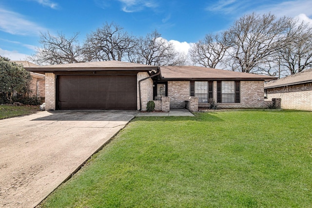 view of front facade featuring a garage, brick siding, concrete driveway, and a front lawn