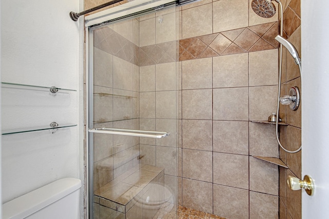 bathroom with toilet and a stall shower