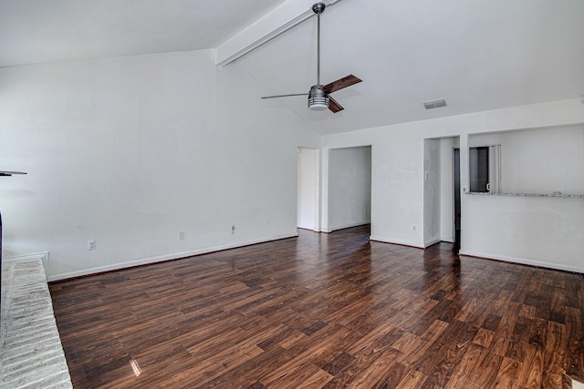 unfurnished room with visible vents, beam ceiling, wood finished floors, baseboards, and ceiling fan