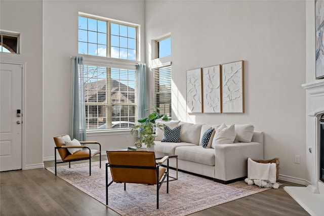 living area with a glass covered fireplace, baseboards, a high ceiling, and wood finished floors