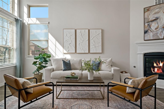 living room with a lit fireplace and wood finished floors