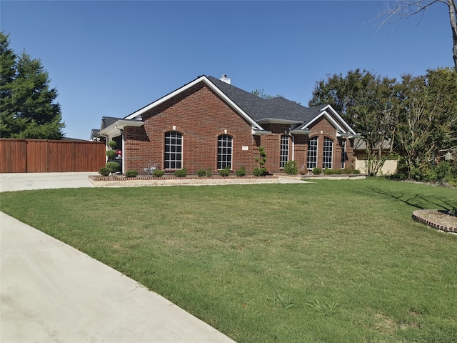 view of front facade featuring brick siding, a front lawn, and fence