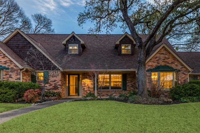 view of front of home with roof with shingles, a front lawn, and brick siding