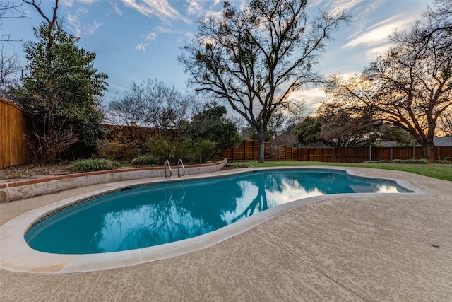 view of pool featuring a fenced in pool, a fenced backyard, and a patio