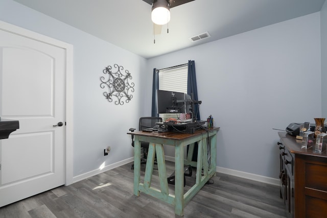 home office featuring a ceiling fan, wood finished floors, visible vents, and baseboards