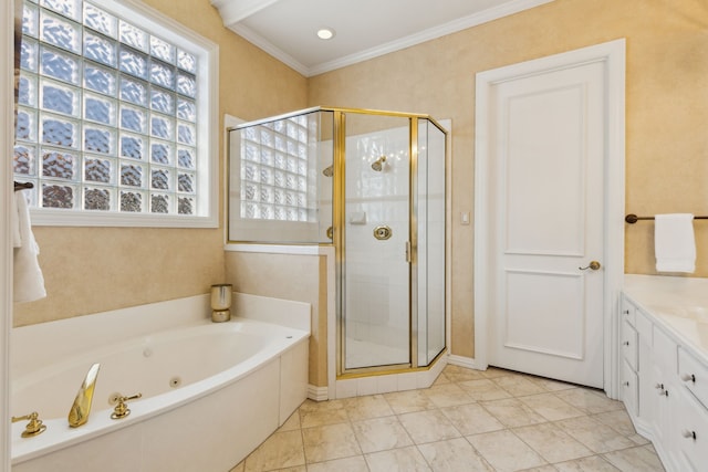 bathroom featuring a stall shower, crown molding, vanity, and a tub with jets