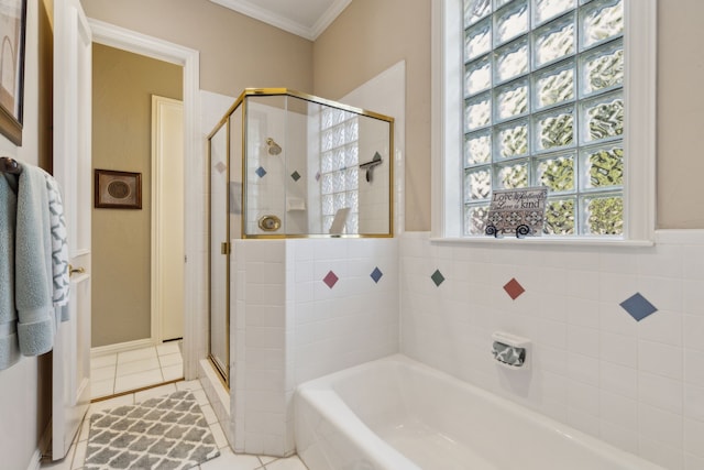 21 Canyon Crest Ct, Frisco, TX 75034 - full bathroom featuring a bath, a stall shower, crown molding, and tile patterned flooring