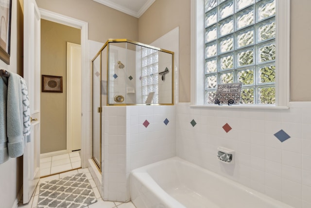 full bathroom with a shower stall, ornamental molding, a bath, and tile patterned floors