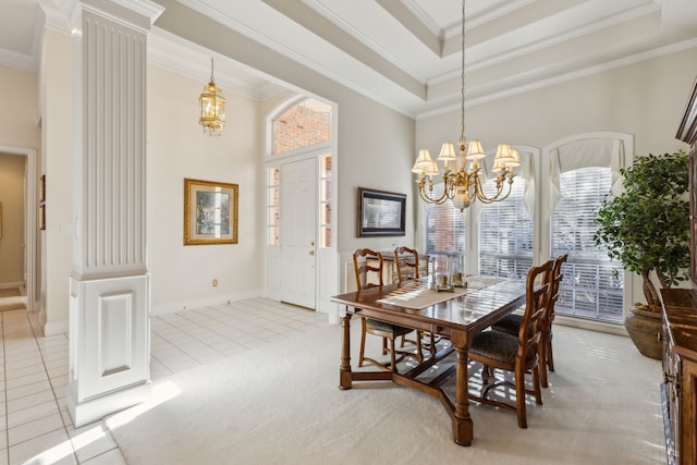 tiled dining space featuring crown molding, a high ceiling, carpet, and a notable chandelier