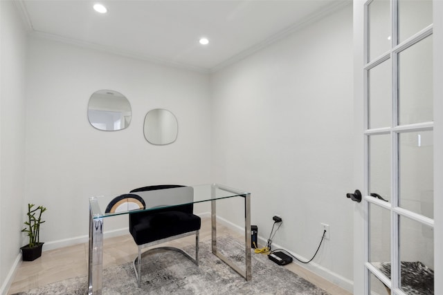 home office featuring recessed lighting, crown molding, and baseboards