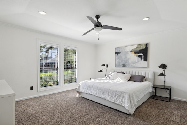 carpeted bedroom featuring recessed lighting, baseboards, ceiling fan, and ornamental molding