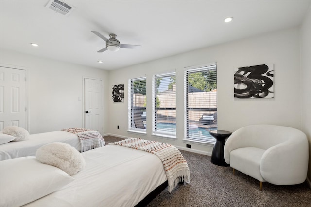 bedroom featuring carpet floors, baseboards, visible vents, and recessed lighting