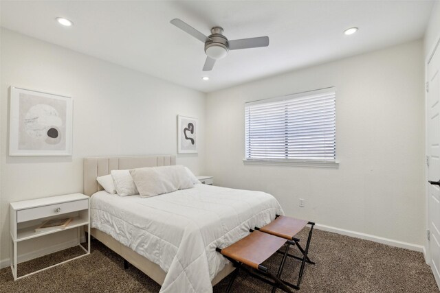 carpeted bedroom featuring recessed lighting, a ceiling fan, and baseboards