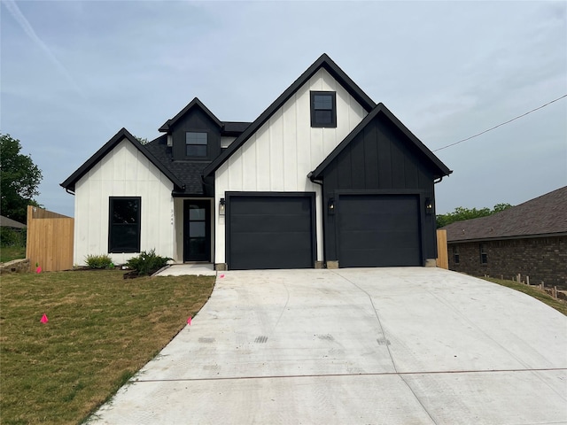 3244 Crites St, Richland Hills, TX 76118 - modern inspired farmhouse featuring concrete driveway, board and batten siding, a front lawn, roof with shingles, and a garage